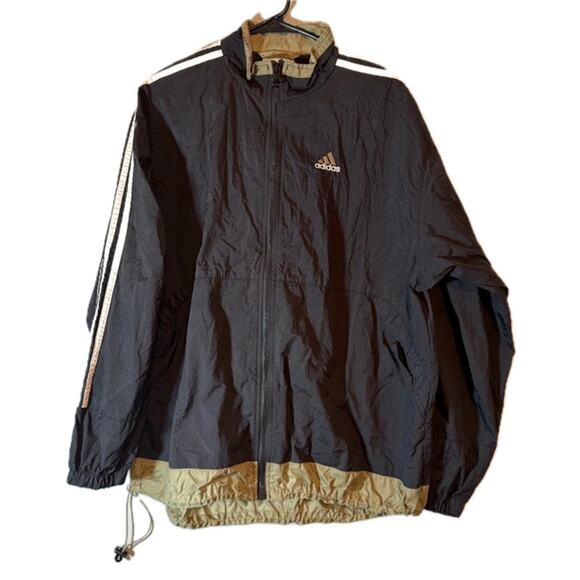 adidas Other - Adidas XL Vintage Gold Black Nylon Windbreaker Jacket White Stripes Zip